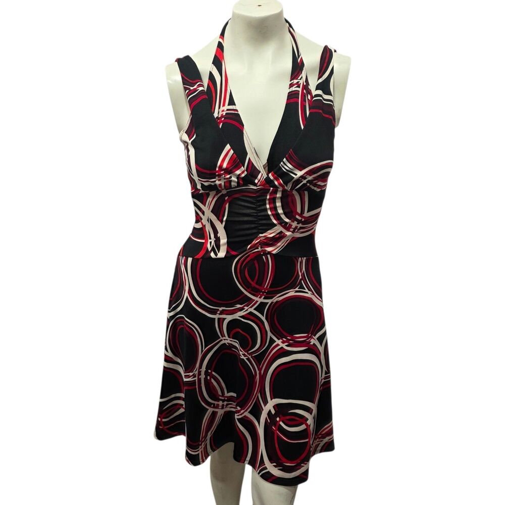 Dynamite Geometric Halter Dress Womens‎ Medium Black Red Y2K Stretch Mini